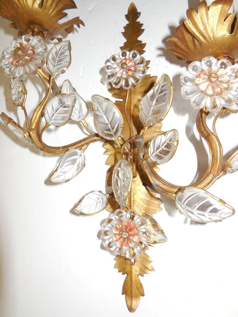 French Vintage Crystal Leaves Tole Floral Sconces 1
