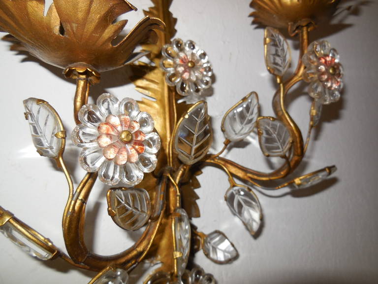 French Vintage Crystal Leaves Tole Floral Sconces 2
