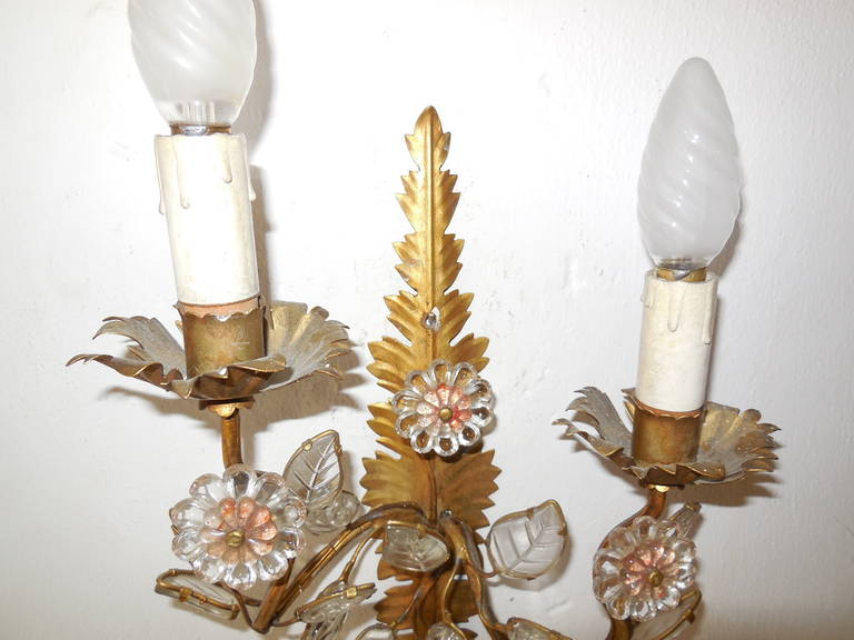 French Vintage Crystal Leaves Tole Floral Sconces 3