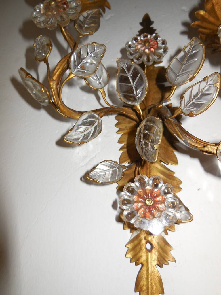 French Vintage Crystal Leaves Tole Floral Sconces 4
