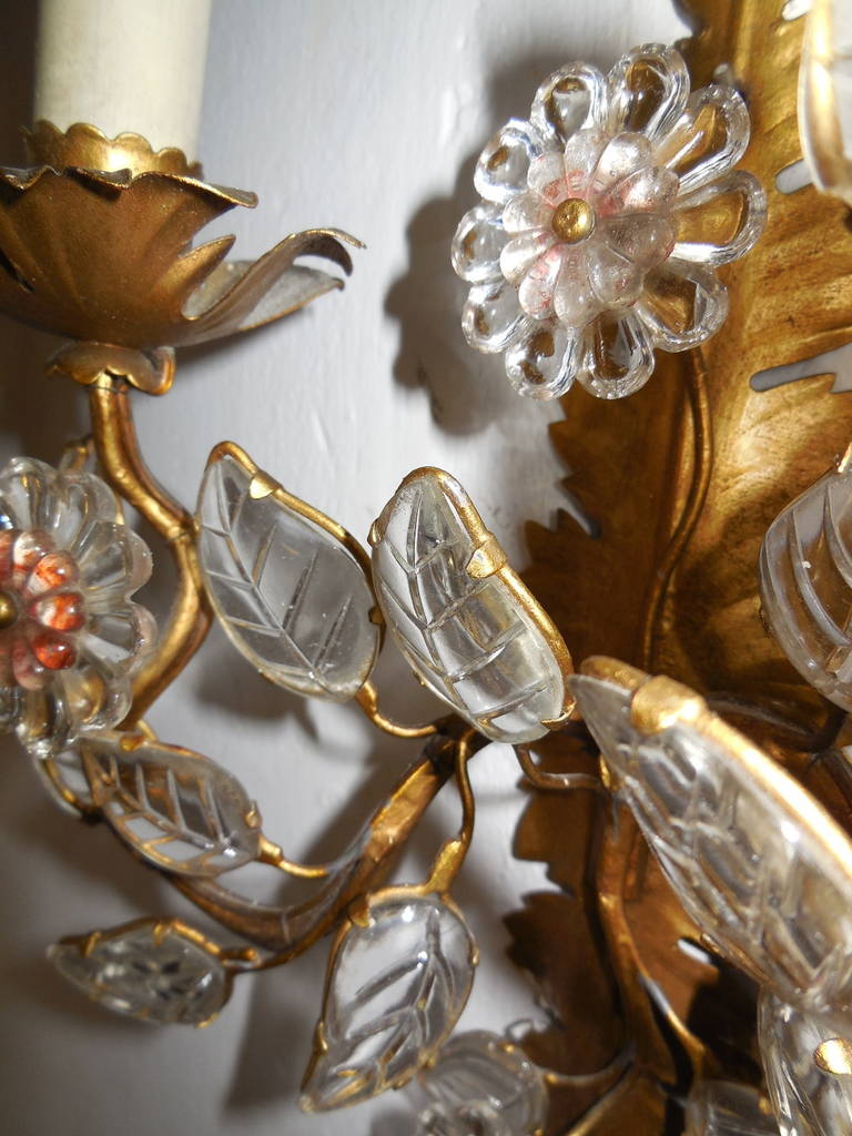 French Vintage Crystal Leaves Tole Floral Sconces 5