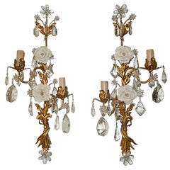 Antique Maison Bagues Style Crystal Flower Tole Sconces