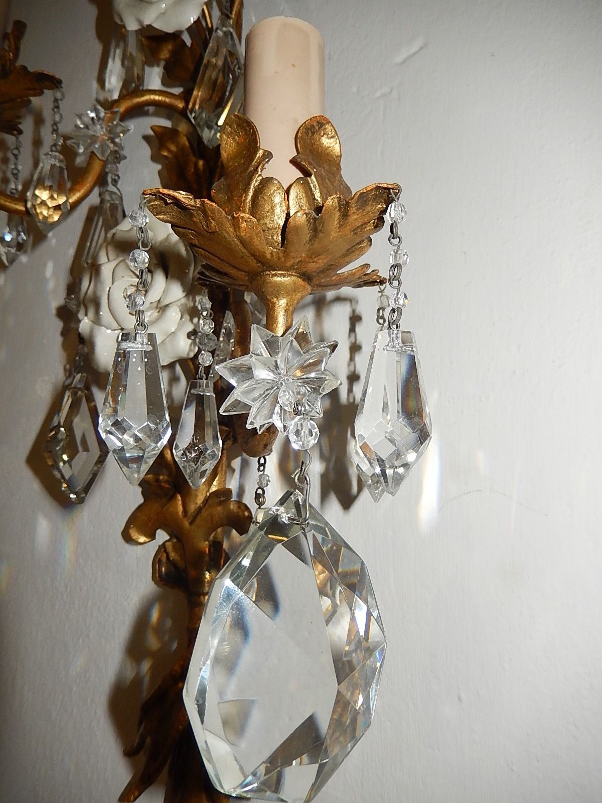 French Maison Bagues Style Crystal Flower Tole Sconces