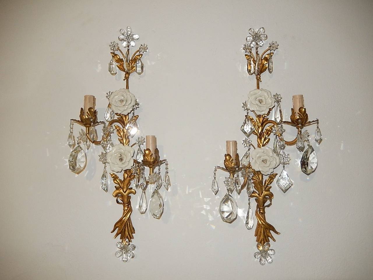 Maison Bagues Style Crystal Flower Tole Sconces In Excellent Condition In Modena (MO), Modena (Mo)