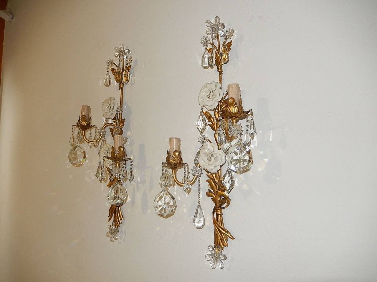 Early 20th Century Maison Bagues Style Crystal Flower Tole Sconces