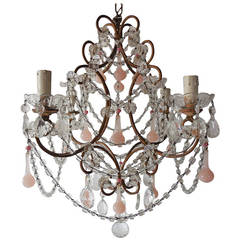 Antique French Pink Opaline Drops and Hot Pink Opaline Bead Crystal Chandelier