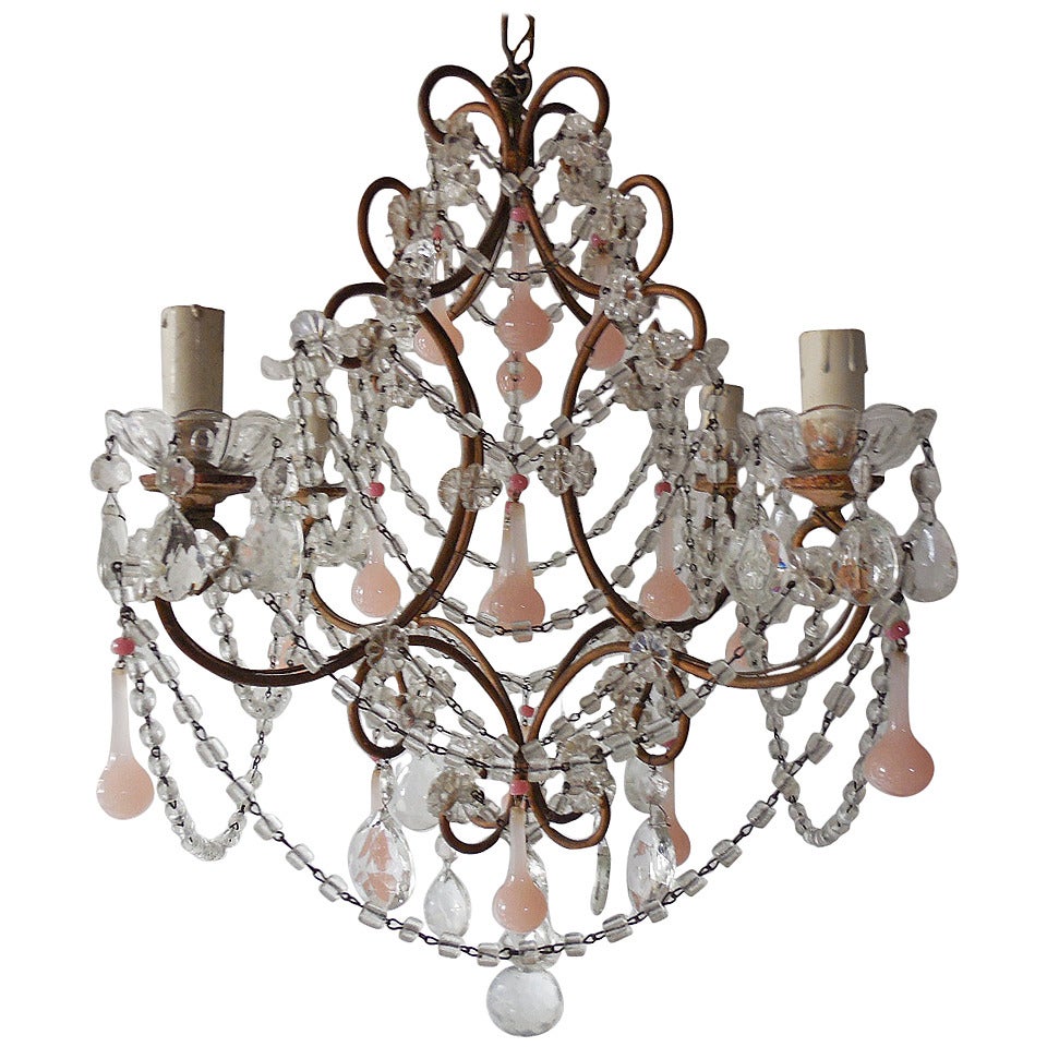 French Pink Opaline Drops and Hot Pink Opaline Bead Crystal Chandelier
