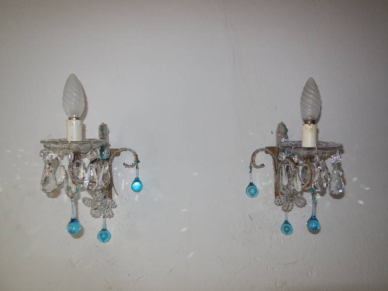 French Murano Aqua Drops Beaded Flower Sconces