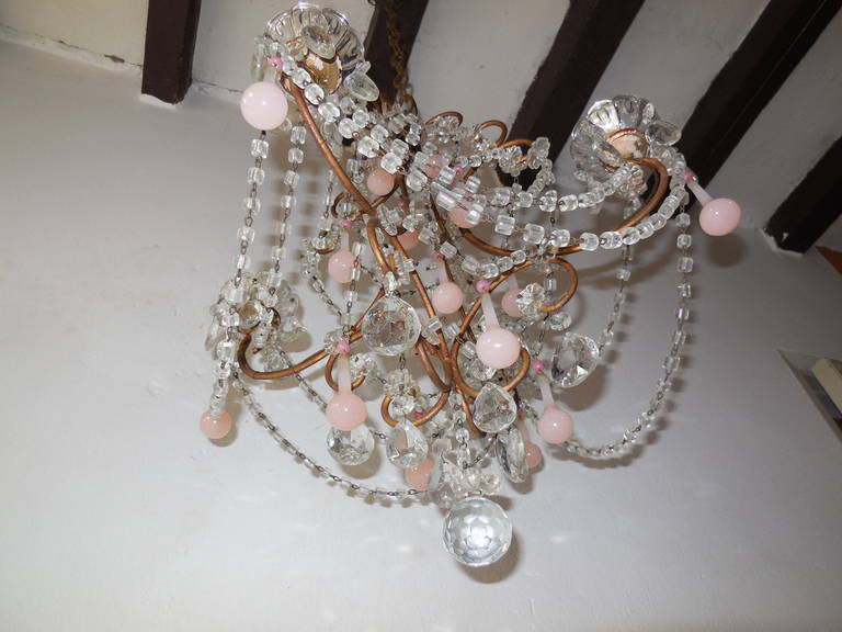 French Pink Opaline Drops and Hot Pink Opaline Bead Crystal Chandelier In Excellent Condition In Modena (MO), Modena (Mo)