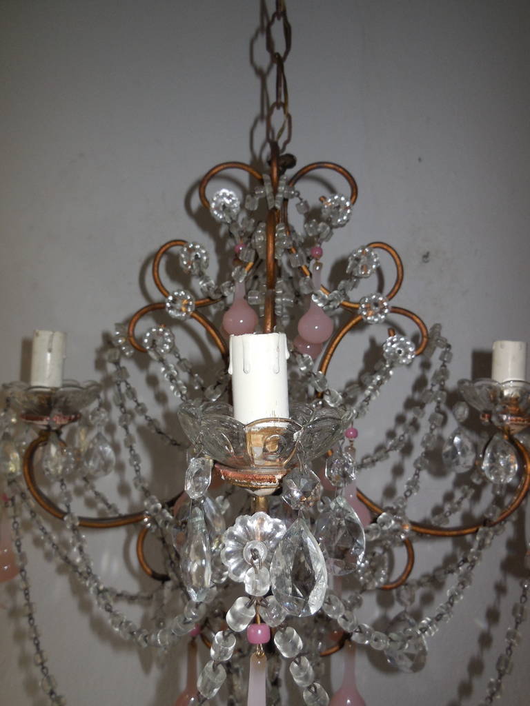 20th Century French Pink Opaline Drops and Hot Pink Opaline Bead Crystal Chandelier
