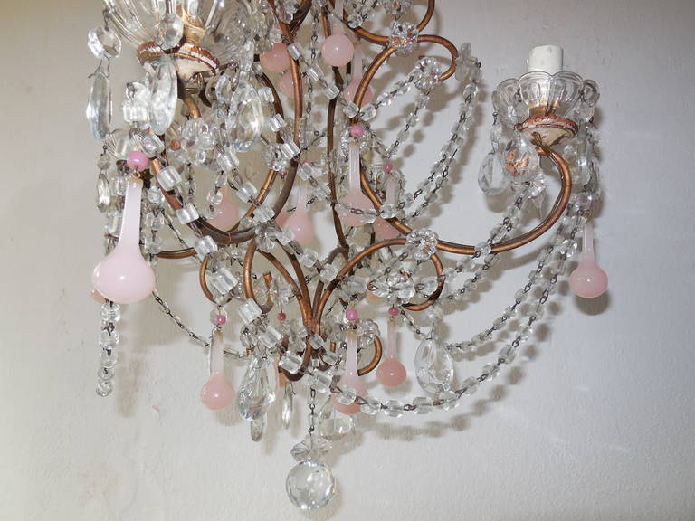 Murano Glass French Pink Opaline Drops and Hot Pink Opaline Bead Crystal Chandelier