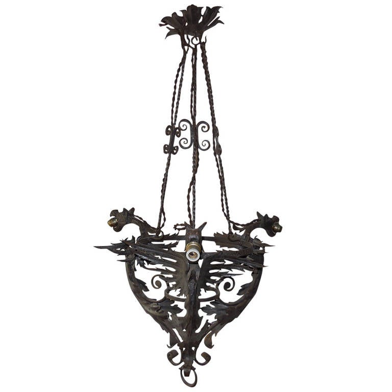 French Wrought Iron Dragon, Medieval Chandeliers, circa 1940 at 1stDibs