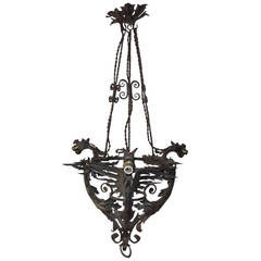 French Wrought Iron Dragon, Medieval Chandeliers, circa 1940