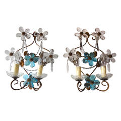 c 1920 French Aqua 
Clear Crystal Prism Flowers Sconces