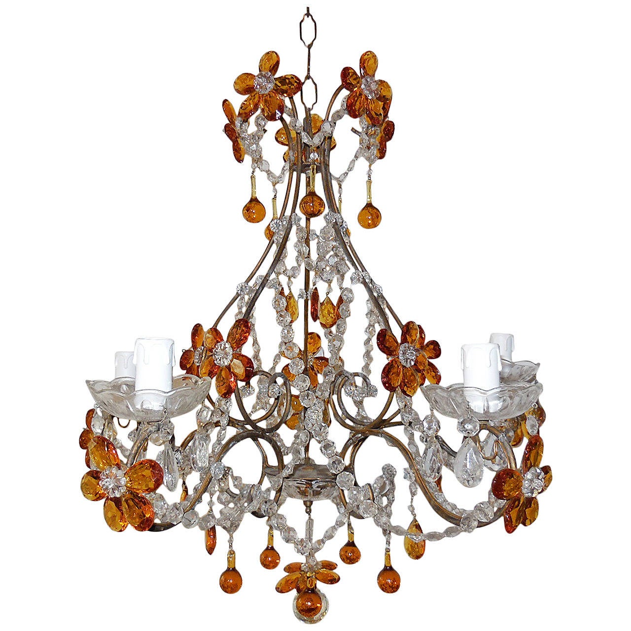 French Amber Balls Crystal Prisms Flowers Chandelier at 1stDibs