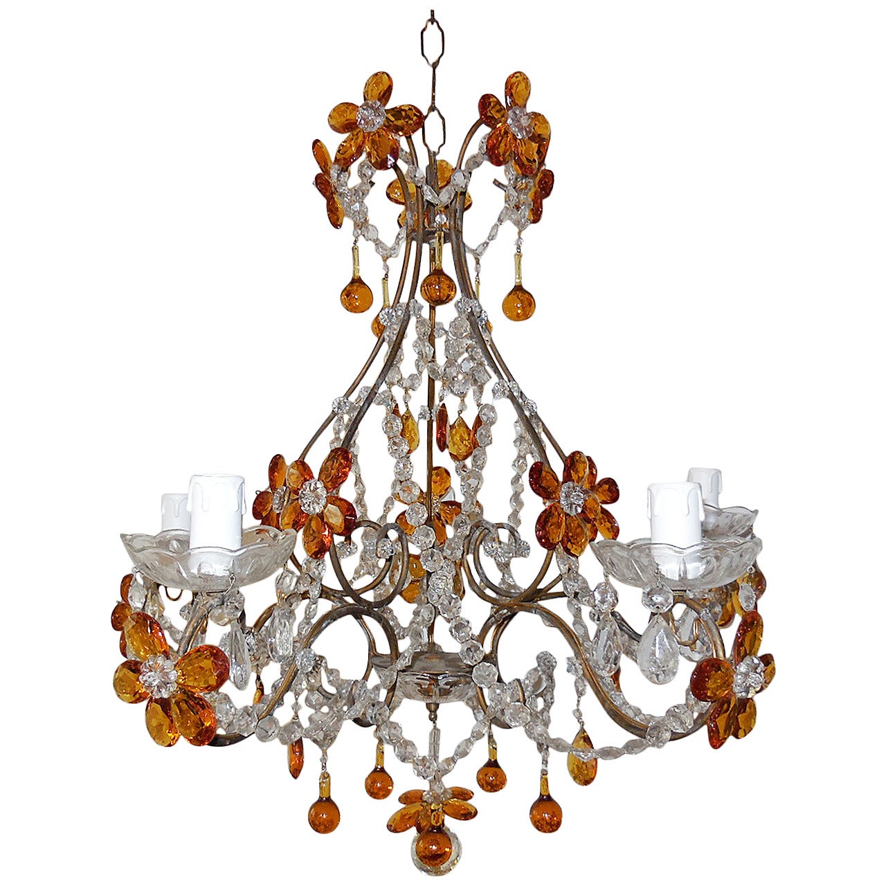 French Amber Balls Crystal Prisms Flowers Chandelier at 1stDibs