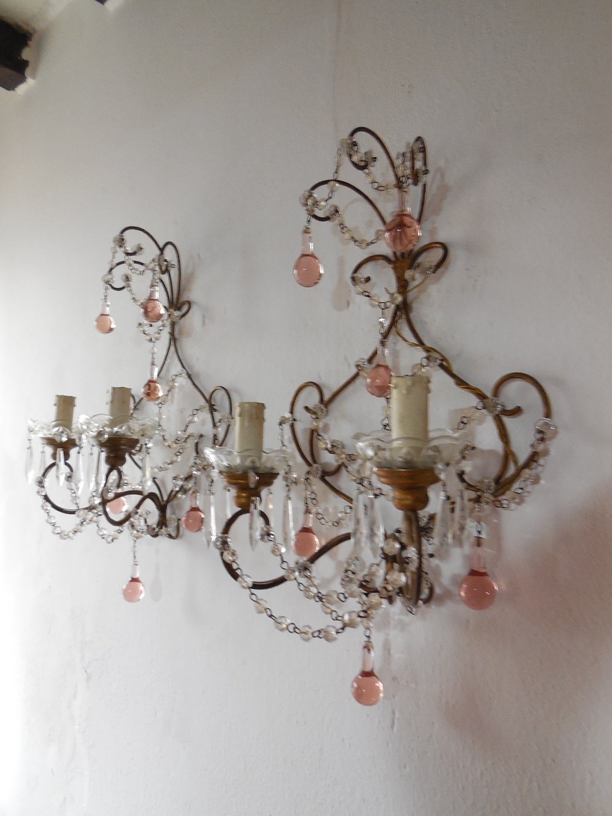 French Pink Murano Drops Beaded Swags Sconces