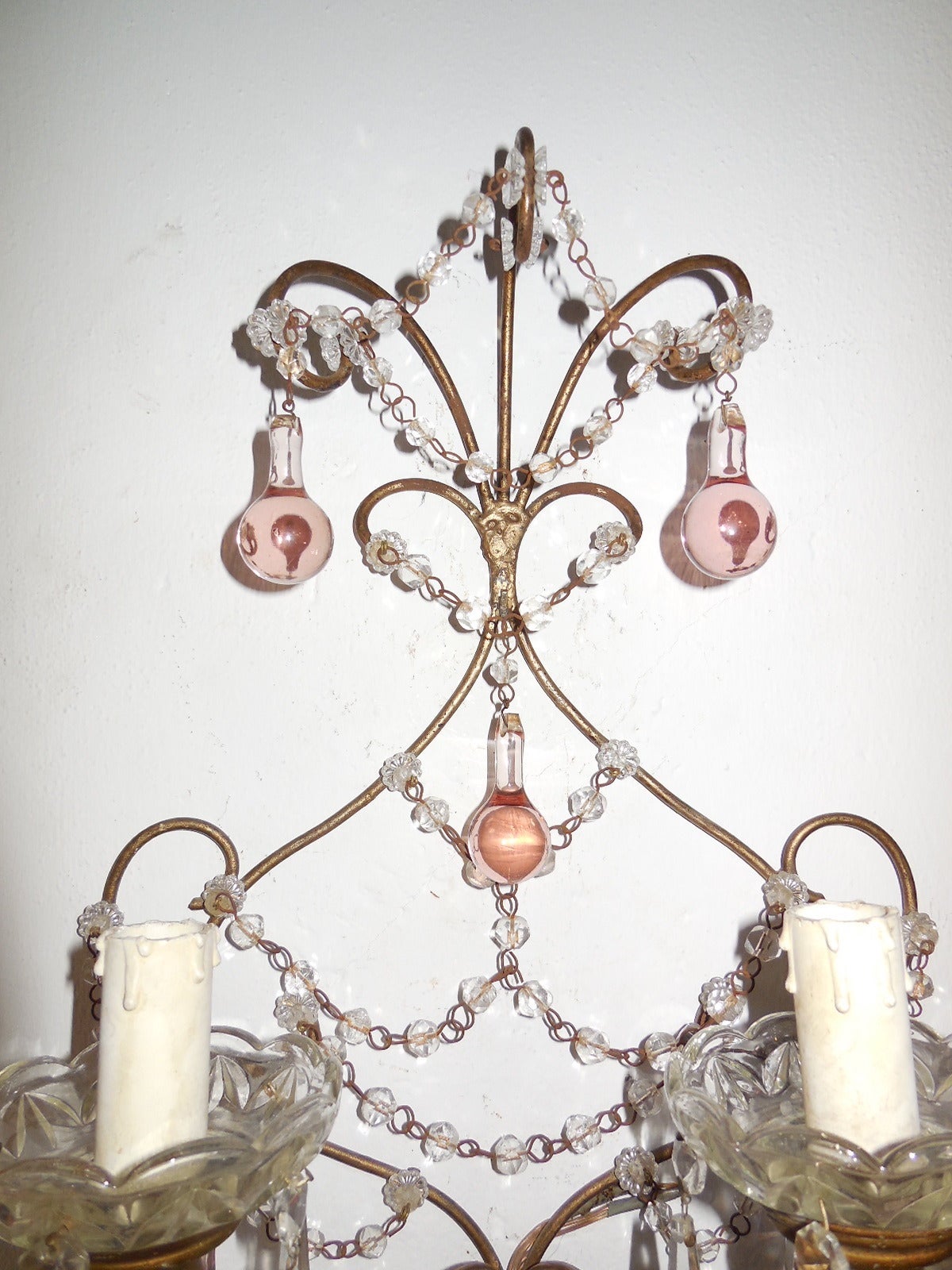 Early 20th Century Pink Murano Drops Beaded Swags Sconces