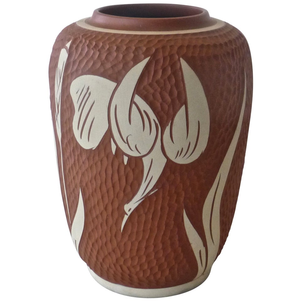 Hand Thrown Signed Vase with Heron Decor Vase for Sawa, 1959 For Sale