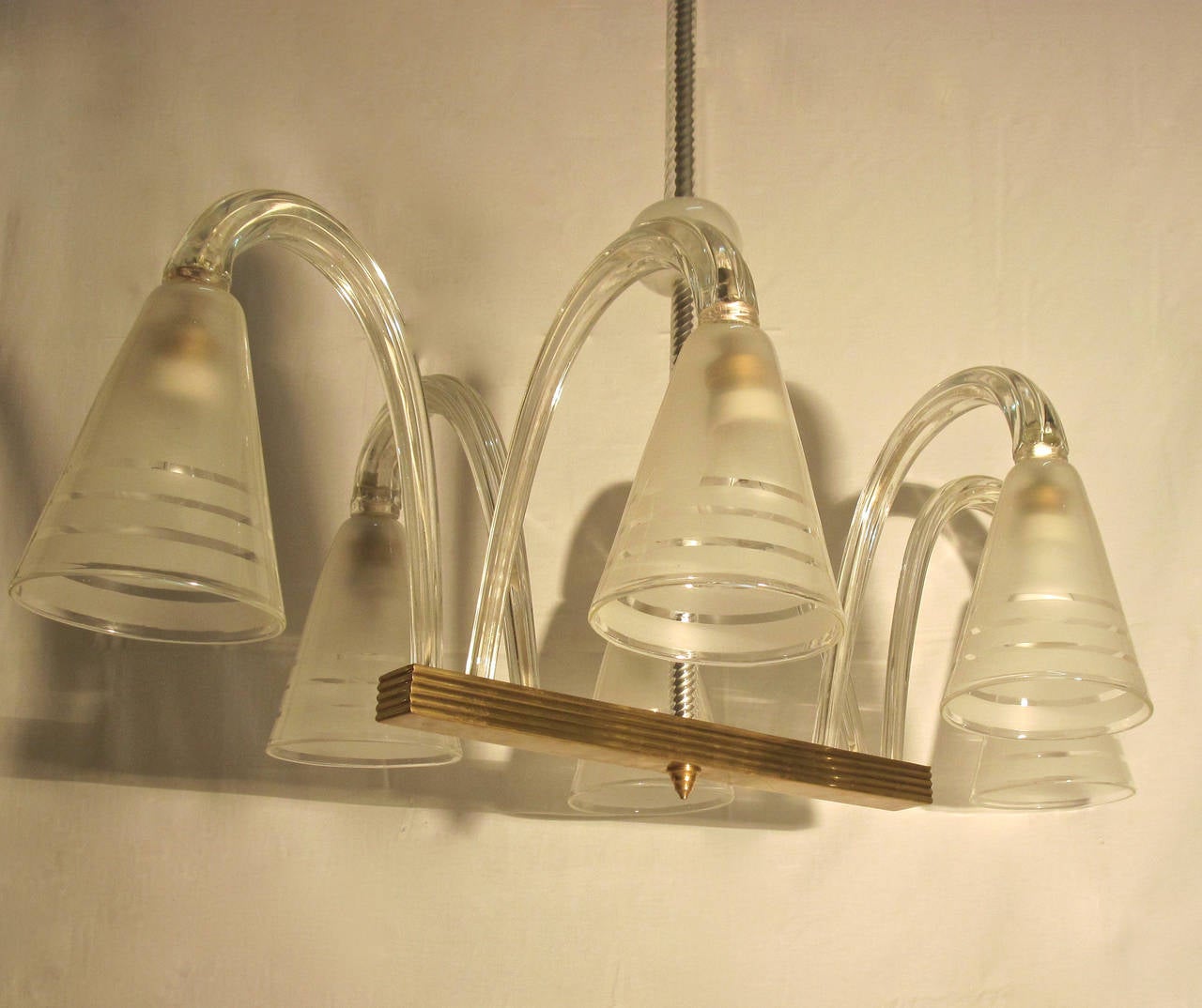 Mid-Century Modern Glass and Brass Chandelier, Venini, Italy For Sale