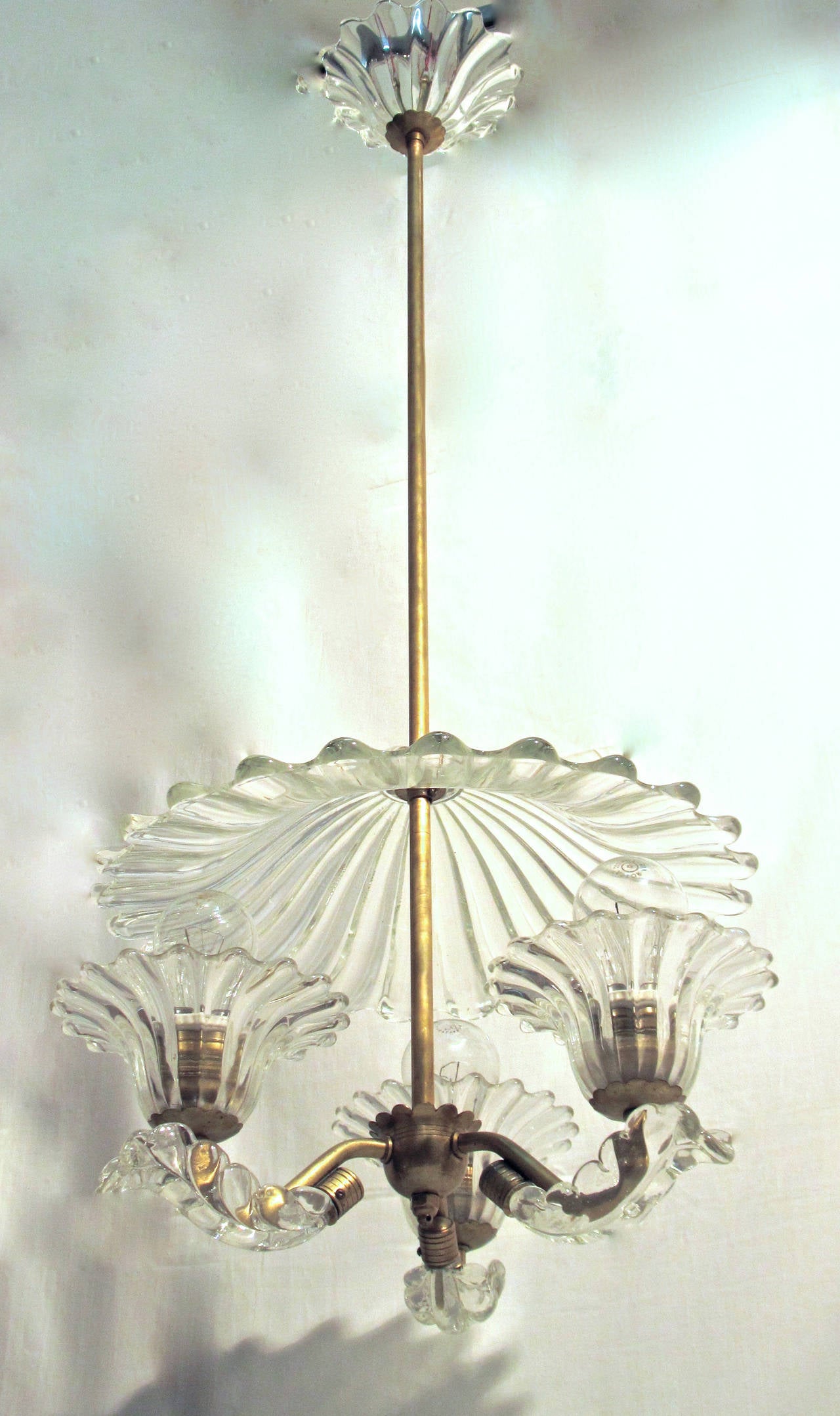 20th Century Italian Mid Century Barovier & Toso Murano Glass and Brass Pendant