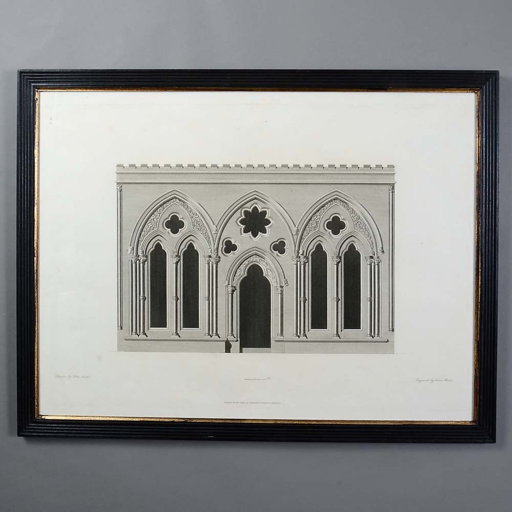 A good set of of four engravings of carved details from English cathedrals. These were commissioned by the Society of Antiquaries of London. They are engraved by James Basire from drawings by John Carter and relate to St Albans, Durham, Exeter, and