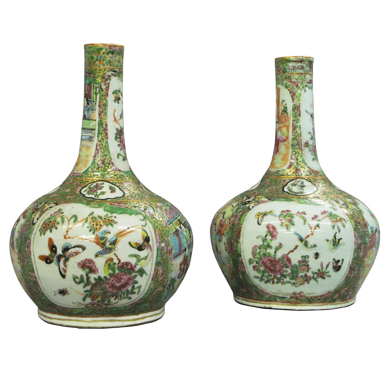 Pair of 19th Century Canton Bottle Vases