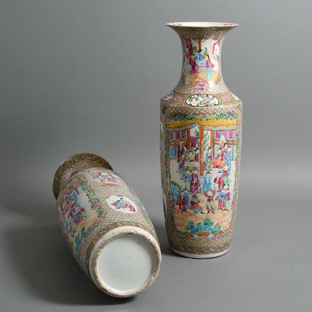 Glazed Large Pair of 19th Century Canton Porcelain Vases