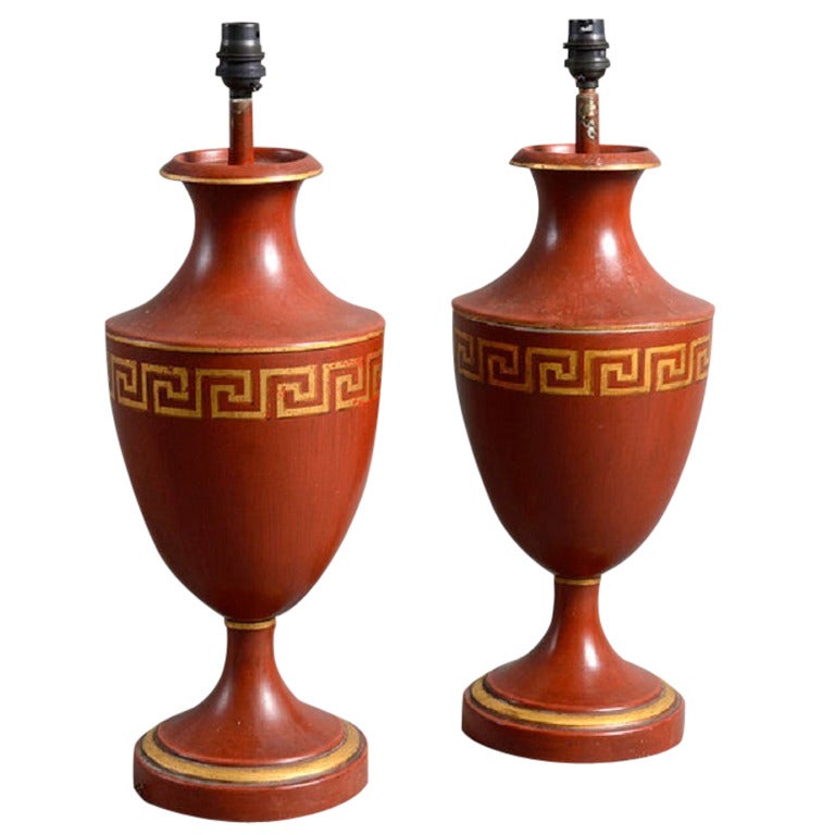 Pair of 20th Century Red Tole Vase Lamp Bases