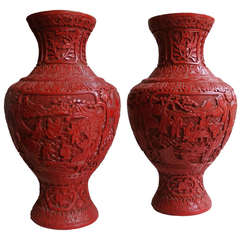 Antique A Pair of Large Cinnabar Lacquer Vases