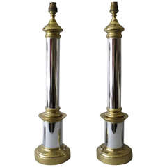 A Pair of 20th Century Chrome and Brass Column Lamps