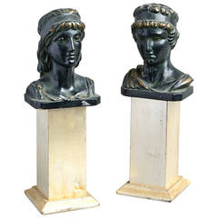 Pair of 19th Century Bronzed Composition, Classical Heads on Silvered Plinths