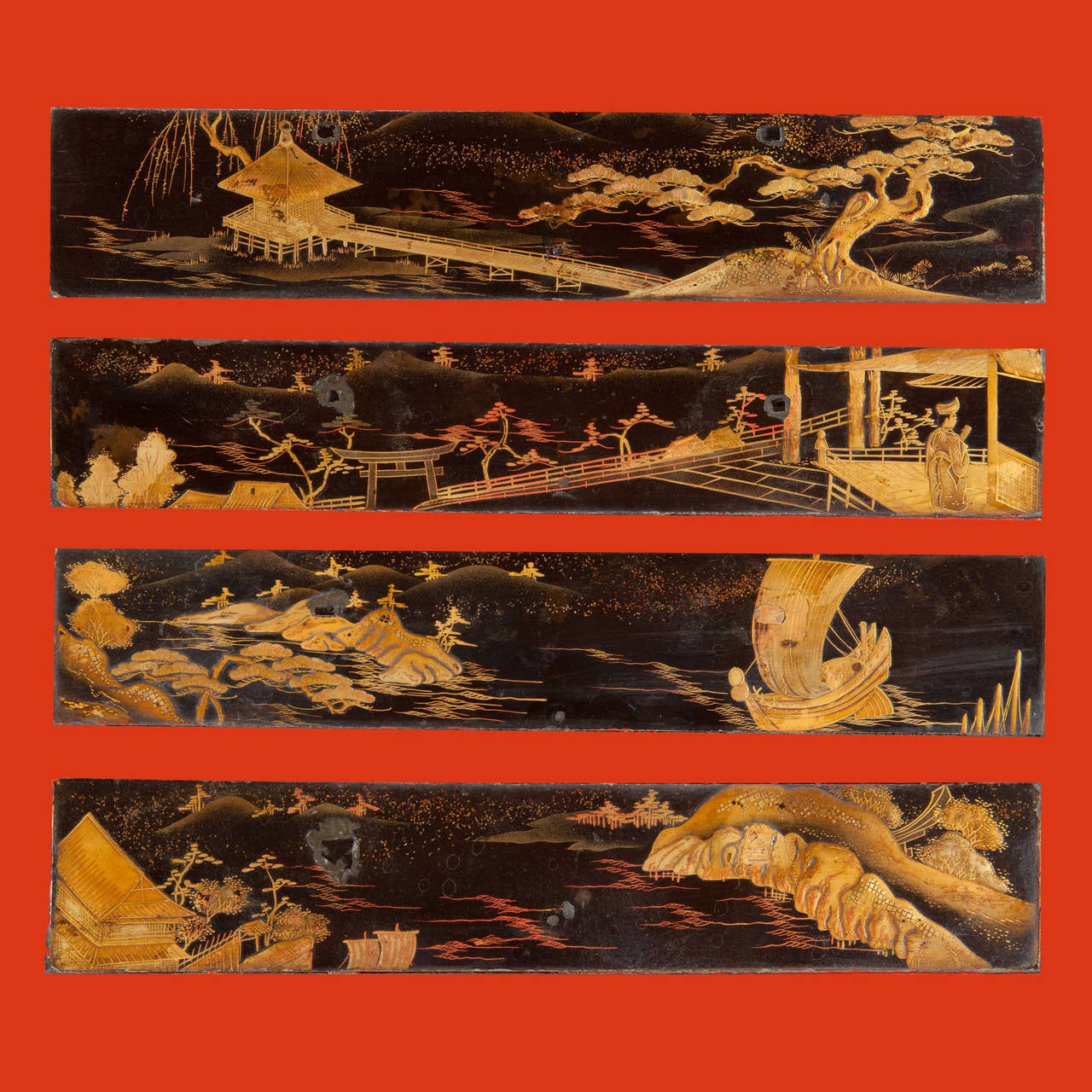 A mid-20th century red japanned occasional table, the square top with gilded centre and four Japanese lacquer panels, each depicting a landscape, set four shaped legs with bamboo turnings and joined by a central X-form stretcher. 

Since the 17th