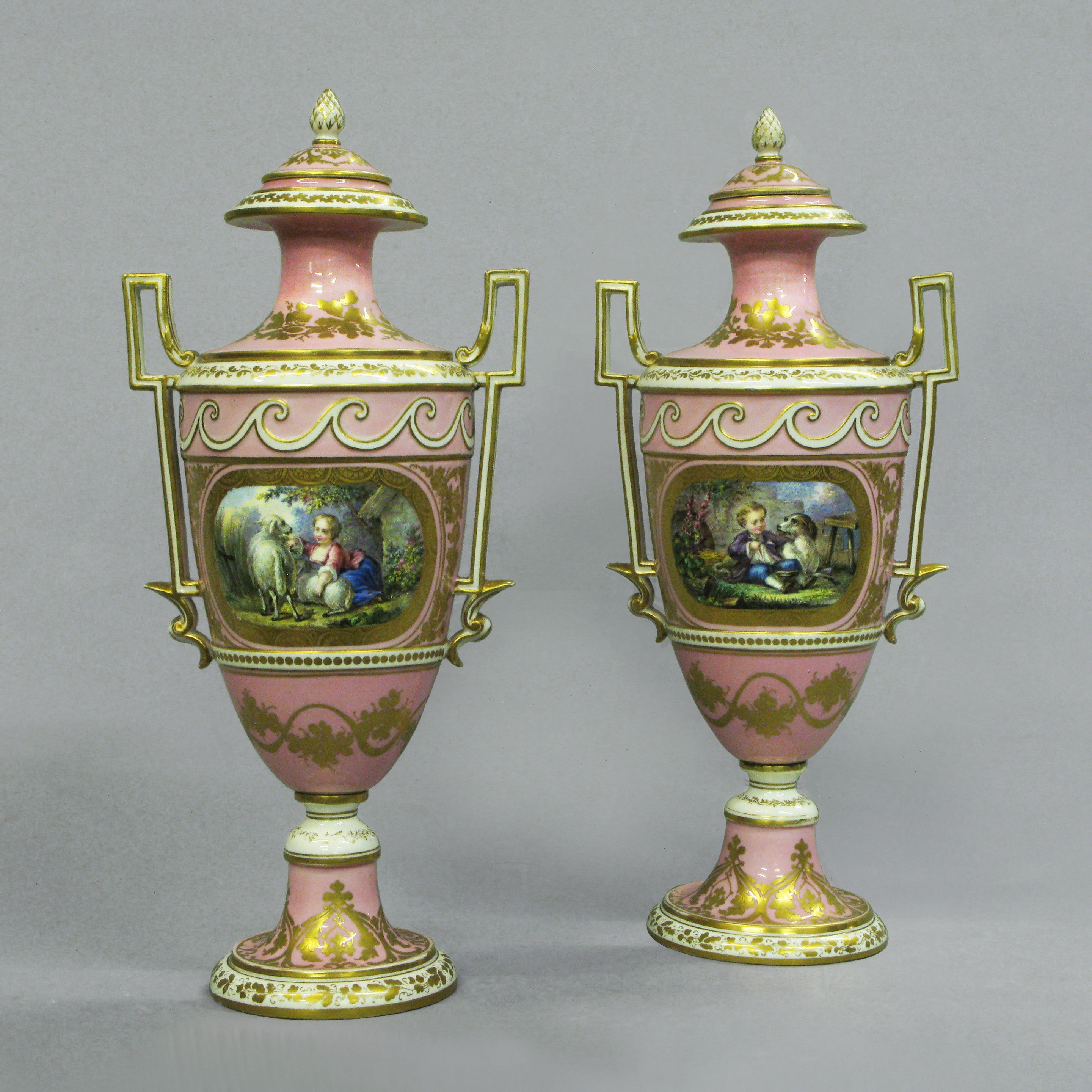 Pair of 19th Century Sévres Pink Ground Vases and Covers