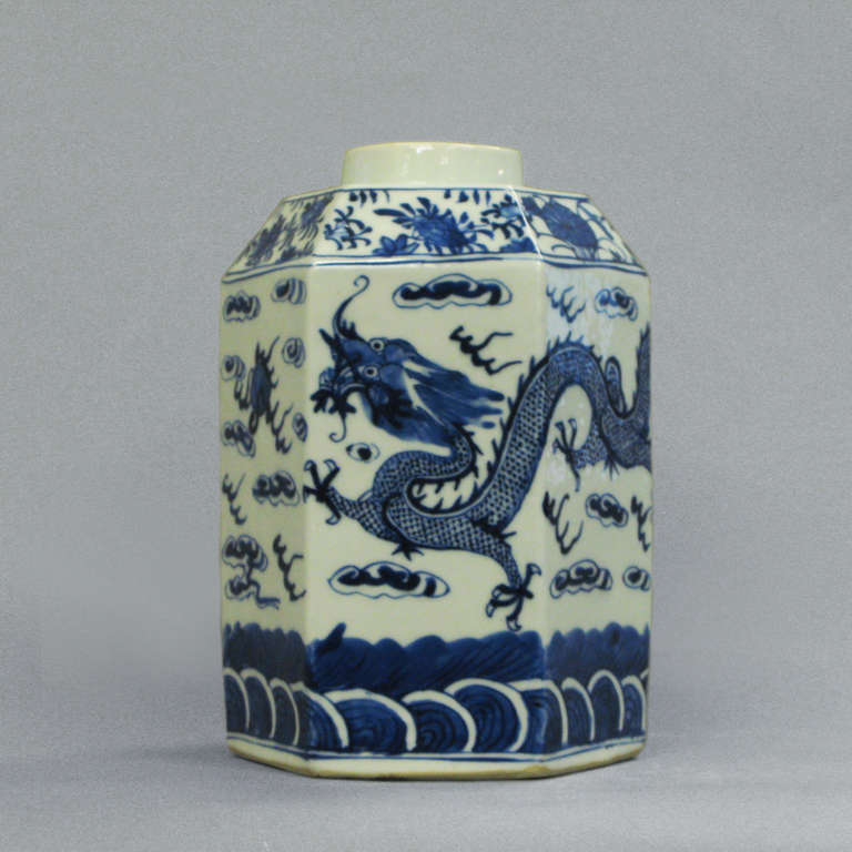 A nineteenth century blue and white glazed tea canister of octagonal form