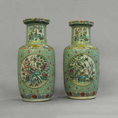 A Pair of 19th Century Turquoise Ground Famille Rose Vases