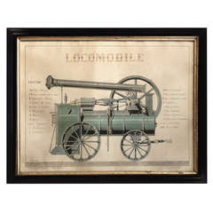 Acuarela técnica del siglo XIX de una locomotora de vapor verde, por Lois Dubois