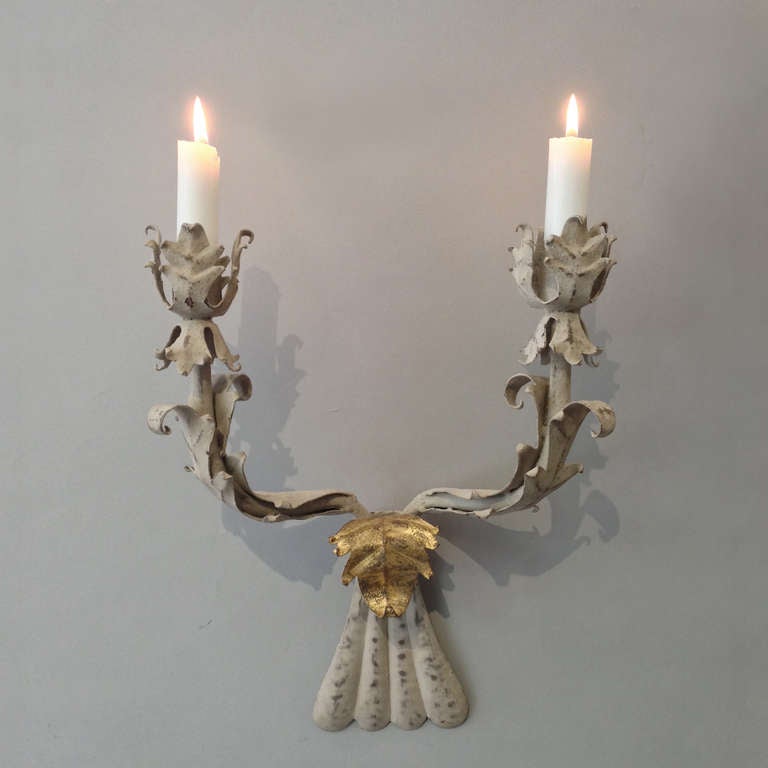 French Pair of 20th Century Grey Painted Louis XV Style Wall Lights with Gold Leaf