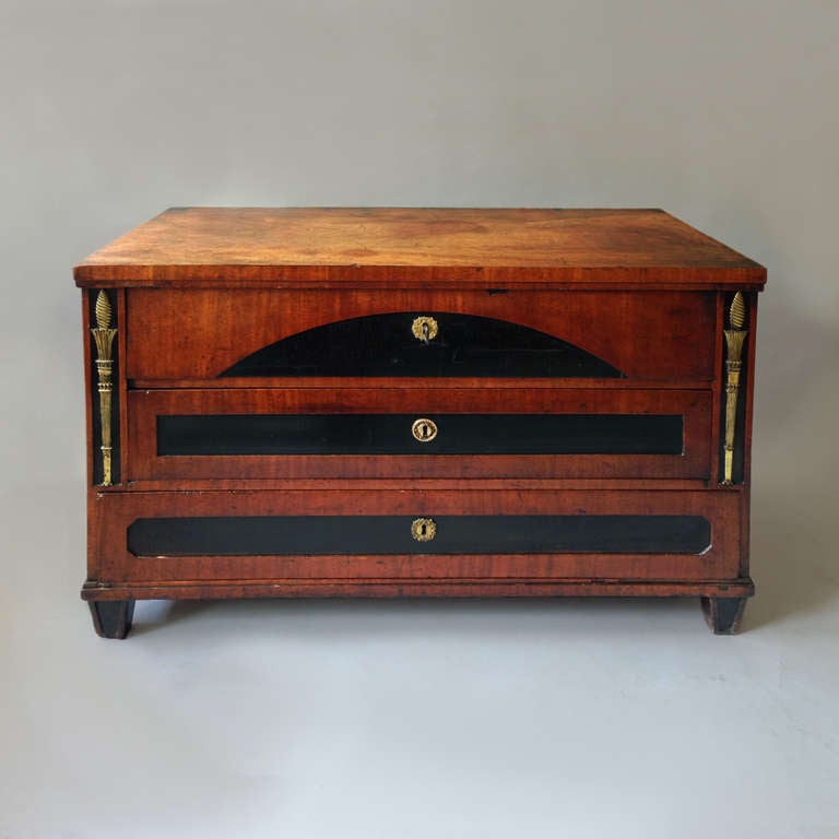A rare early nineteenth century mahogany commode, the finely figured overhanging top above three graduated drawers with shaped ebonised panels, each with central gilt brass lock escutcheons (one replaced), the sides with finely chased gilt brass