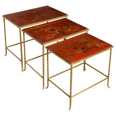 Vintage Midcentury Nest of Lacquer and Gilt Metal Tables by Maison Baguès