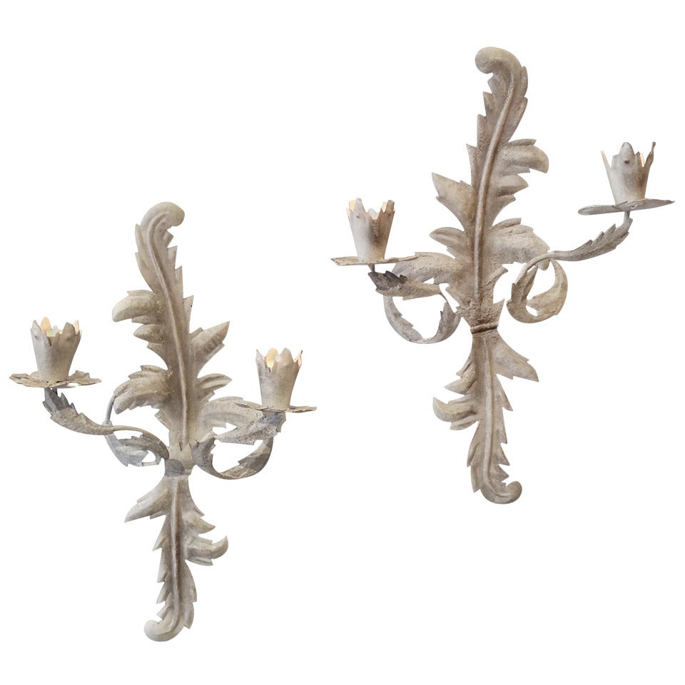 20th Century Pair of Grey Painted Tole Two-Arm Rococo Wall Lights or Appliqués