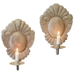 Pair of 20th Century Louis XV Style Grey Painted Cartouche Wall Lights