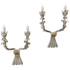 Pair of 20th Century Grey Painted Louis XV Style Wall Lights with Gold Leaf