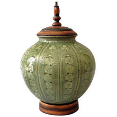 Vintage A 19th Century Green Glazed Vase Lamp Base