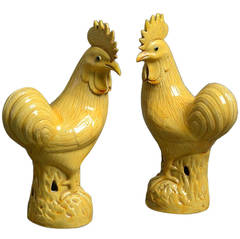 19th Century Pair of Yellow Glazed Cockerels