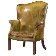 Antique George III Period Wing Chair in Green Leather