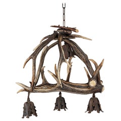 Antique Early 20th Century Stag's Horn, Four-Light Chandelier