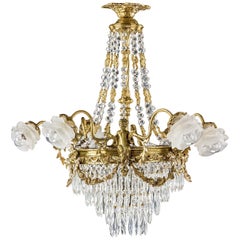 Antique Late 19th Century Gilt Bronze and Cut-Glass, Six-Arm Chandelier