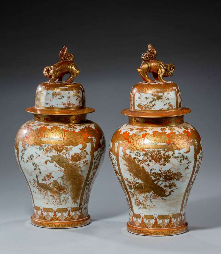 Pair of 19th Century Kutani porcelain Vases and Covers, the ovoid bodies profusely decorated and gilded of the highest quality, virtually un-rubbed, dating from the end of the 19th century. 

Provenance: Kutani ware (九谷焼 Kutani-yaki) is a style of