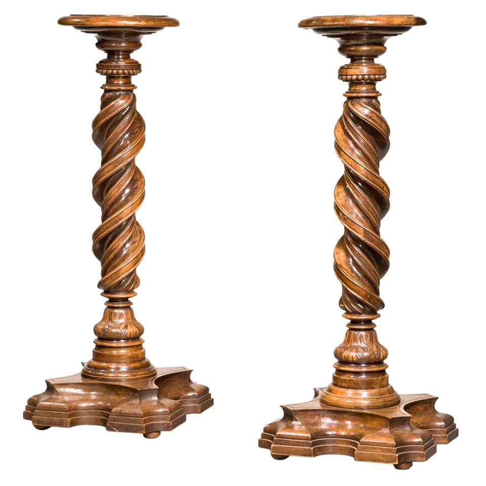 Pair of Early 17th Century Italian Solomonic Walnut Torcheres For Sale